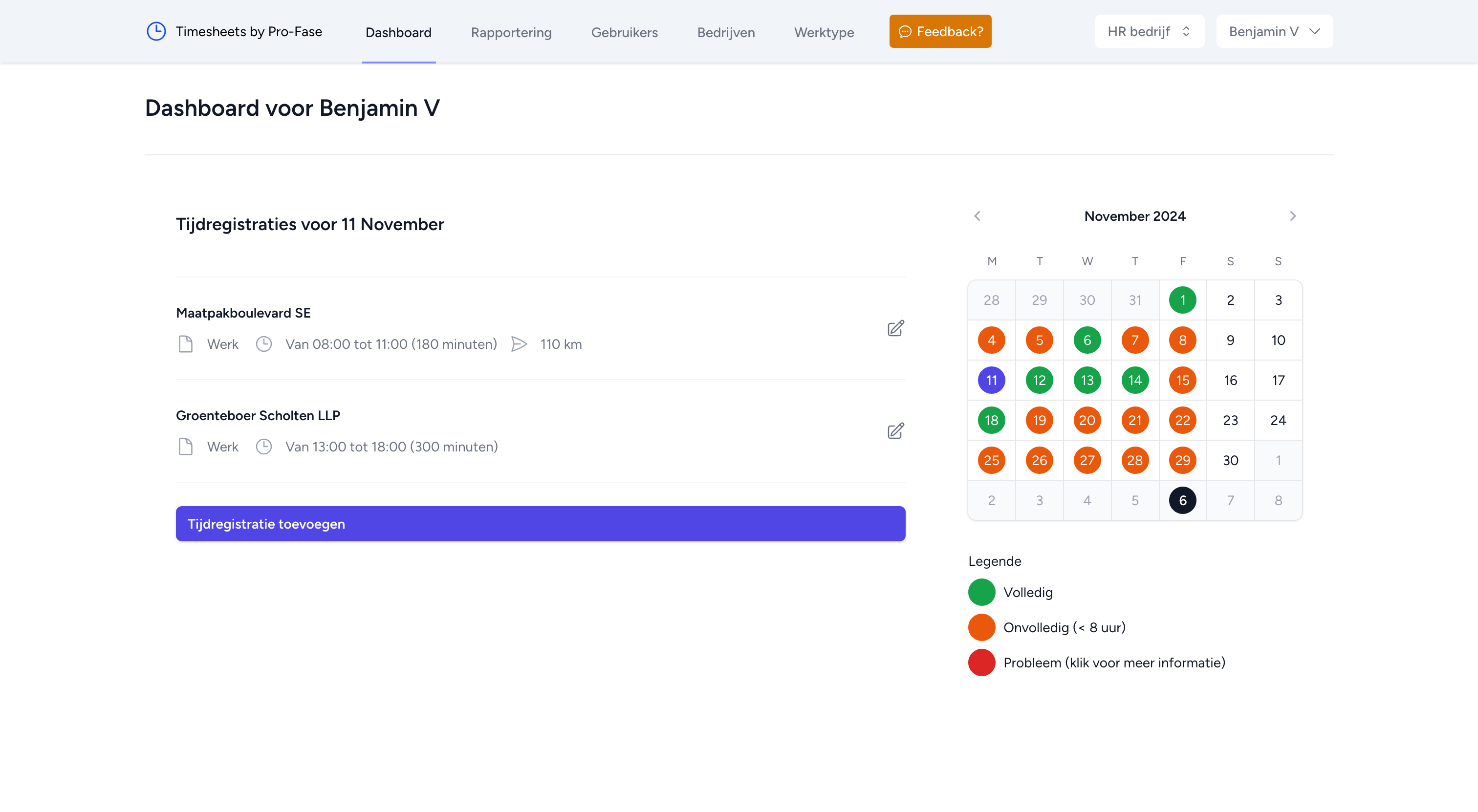 Overzicht van het Timesheets dashboard